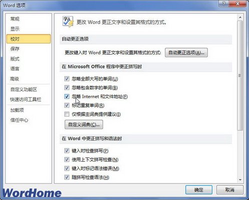 在Word 2010中更正拼写时忽略Internet和文件地址